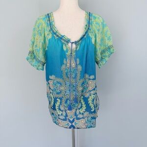 TOMMY BAHAMA Cotton Silk Smocked Tunic Top in Paisely Green Blue